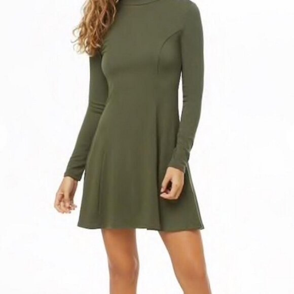 Forever 21 Womens Dress SZ L Olive Grn Lng Slv Mock Nck Skater drk academia prep - Picture 8 of 8